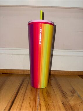 NWOT Starbucks Rainbow Stripe Tumbler with Pink Lid and Neon Yellow Straw
